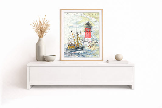 Leuchtturm Büsum mit Krabbenkutter – Kunstdruck von Gero Klemke