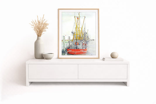 Krabbenkutter „Delphin“ im Kutterhafen Dorum II – Kunstdruck von Gero Klemke