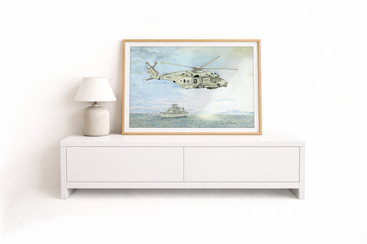NH90 und Einsatzgruppenversorger A1411 „Berlin“ – Kunstdruck von Gero Klemke