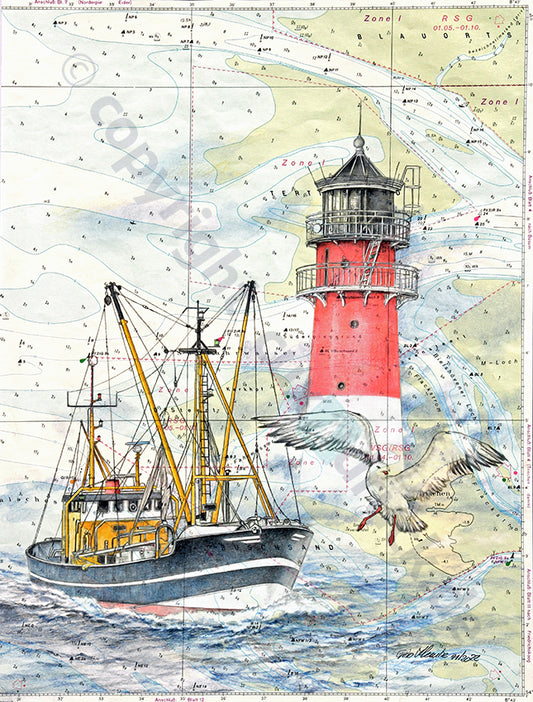 Leuchtturm Büsum mit Krabbenkutter – Kunstdruck von Gero Klemke