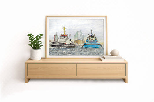 Schlepper Bugsier & Fairplay vor der Elbphilharmonie – Kunstdruck von Gero Klemke