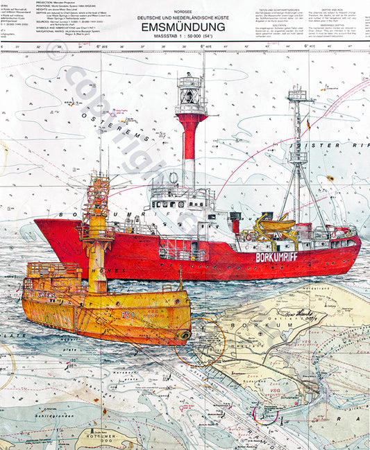 Feuerschiff Borkumriff vor FS 1 Ems – Kunstdruck von Gero Klemke