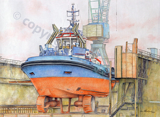 Schlepper Fairplay IX im Dock – Kunstdruck von Gero Klemke
