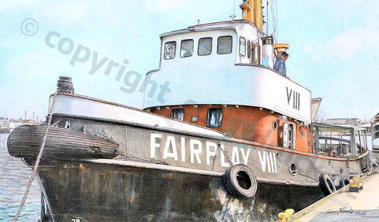 Schlepper Fairplay VIII am Pier – Kunstdruck von Gero Klemke