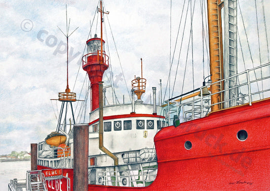 Feuerschiff Elbe 1 am Pier – Kunstdruck von Gero Klemke