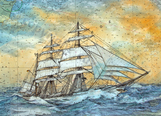 Gorch Fock im Sturm – Kunstdruck von Gero Klemke