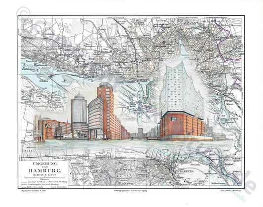 Hamburg Collage Elbphilharmonie auf Karte – Kunstdruck von Gero Klemke