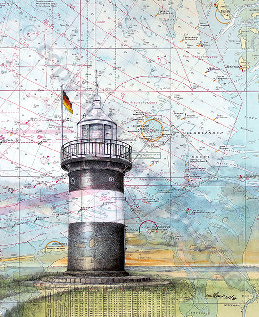 Leuchtturm Kleiner Preuße mit Seekarte – Kunstdruck von Gero Klemke