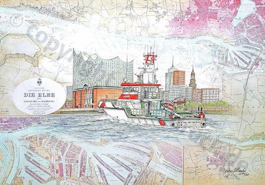 Kreuzer Hamburg vor Elbphilharmonie mit Michel – Kunstdruck von Gero Klemke