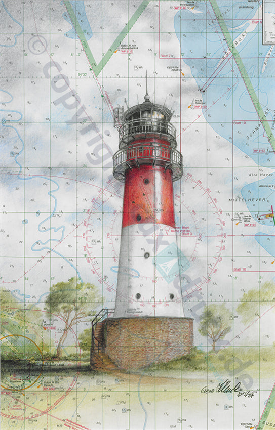 Roter Leuchtturm mit Seekarte