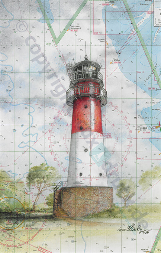 Roter Leuchtturm mit Seekarte – Kunstdruck von Gero Klemke