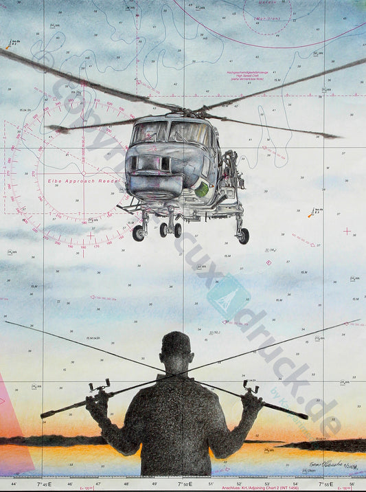 Lynx Helikopter mit Angler – Kunstdruck von Gero Klemke