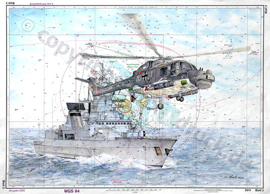 Lynx Helikopter mit Fregatte F221 Hessen – Kunstdruck von Gero Klemke