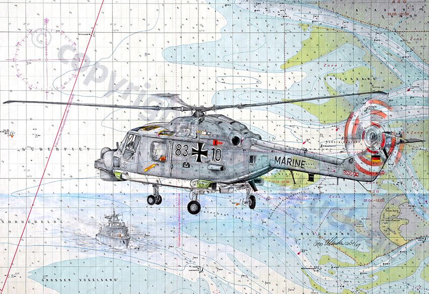 Lynx Helikopter mit Fregatte Bayern