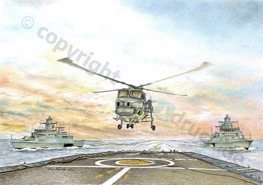 Lynx Helikopter mit Korvetten – Kunstdruck von Gero Klemke