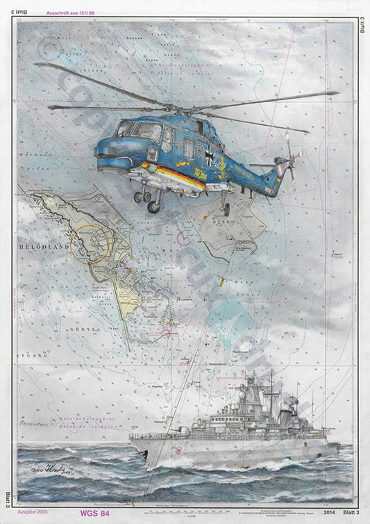 Lynx Helikopter über Fregatte Brandenburg – Kunstdruck von Gero Klemke
