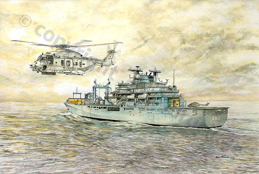 NH90 mit Einsatzgruppenversorger A1412 – Kunstdruck von Gero Klemke