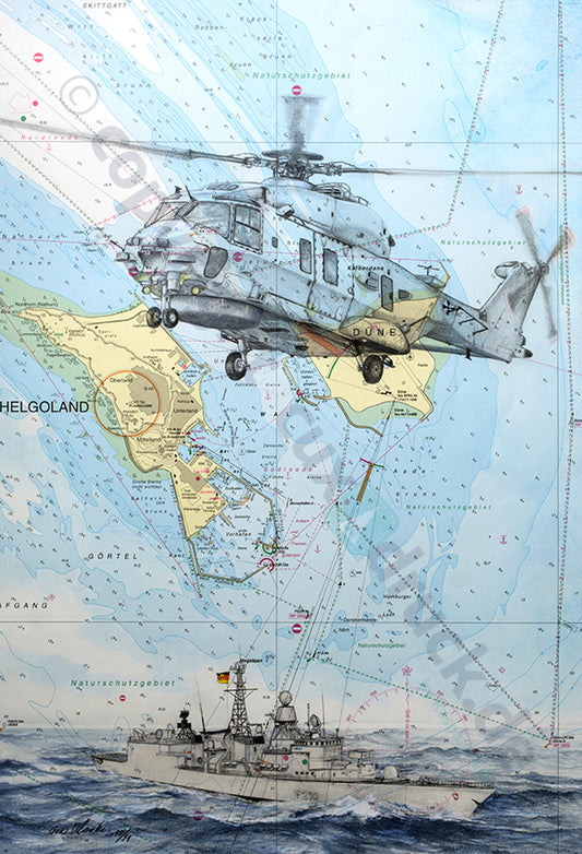 NH90 über Fregatte F208 – Kunstdruck von Gero Klemke