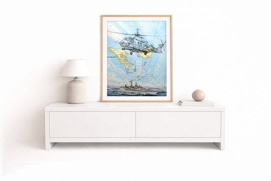 NH90 über Fregatte F208 – Kunstdruck von Gero Klemke