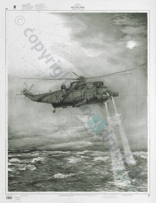 Nachtflug Sea King in Schwarz-Weiß – Kunstdruck von Gero Klemke