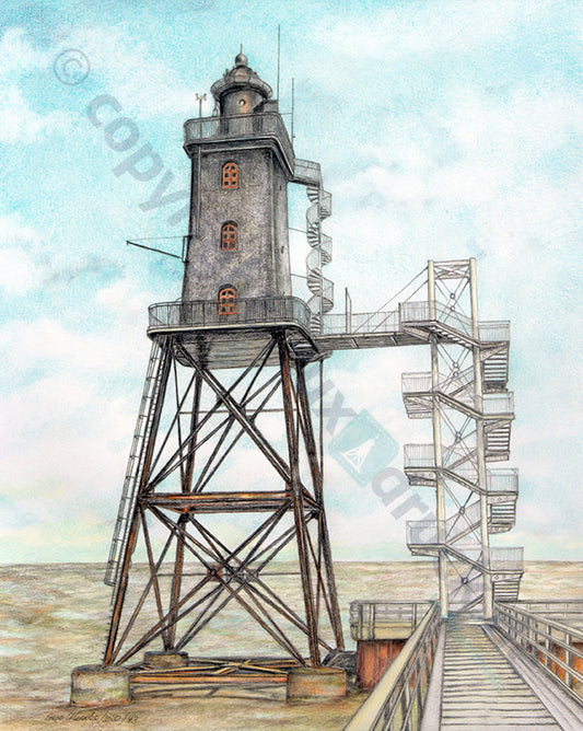 Leuchtturm Obereversand mit Treppe – Kunstdruck von Gero Klemke