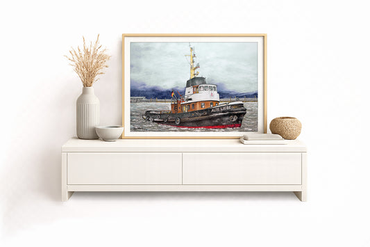 Schlepper Alte Liebe im Hafen – Kunstdruck von Gero Klemke