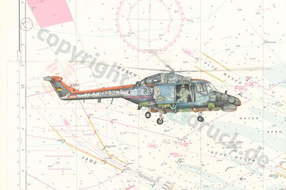 Sea Lynx Last Flight Motiv 1 von 6, Sea Lynx der Deutschen Marine in Sonderlackierung auf nautischer Seekarte der Weserregion, Gero Klemke