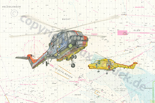 Sea Lynx Last Flight Motiv 3 von 6 mit zwei Sea Lynx Hubschraubern der Deutschen Marine in Sonderlackierung vor Seekarte der Helgoländer Bucht, Gero Klemke – Kunstdruck von Gero Klemke
