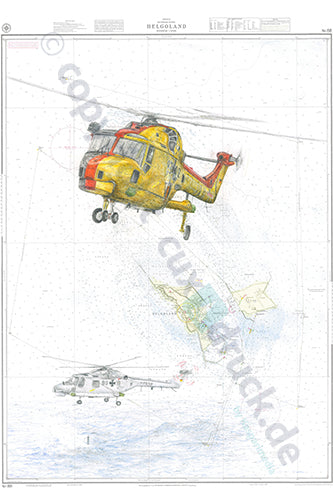 Sea Lynx Last Flight Motiv 4 von 6 mit zwei Sea Lynx Hubschraubern der Deutschen Marine auf historischer Seekarte von Helgoland, Gero Klemke – Kunstdruck von Gero Klemke