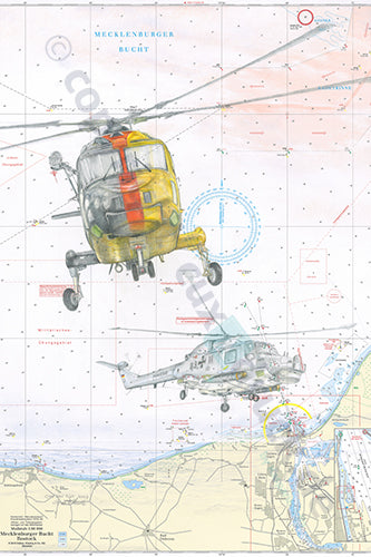Sea Lynx Last Flight Motiv 5 von 6 mit zwei Sea Lynx Hubschraubern der Deutschen Marine auf Seekarte der Mecklenburger Bucht, Gero Klemke – Kunstdruck von Gero Klemke