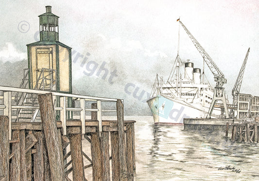 Steubenhöft Cuxhaven mit Schiff – Kunstdruck von Gero Klemke