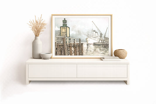 Steubenhöft Cuxhaven mit Schiff – Kunstdruck von Gero Klemke